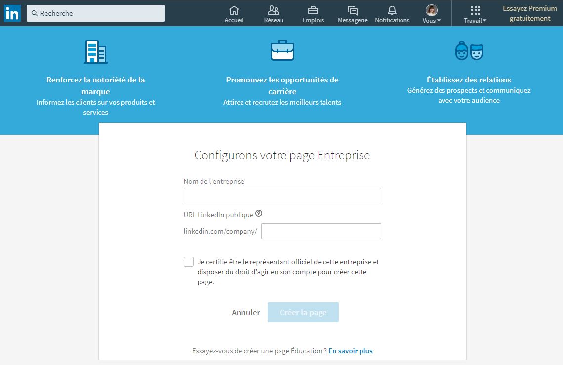 Page entreprise Linkedin configuration